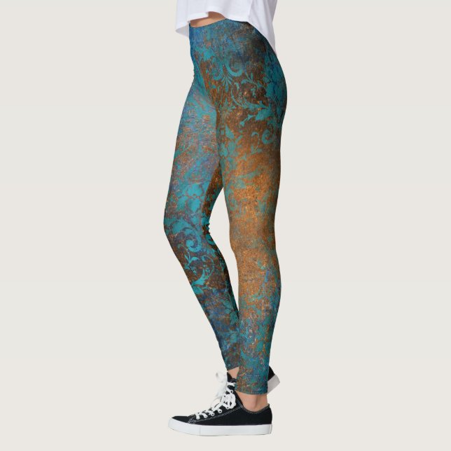 Grunge Brown Blue Floral Decorative Luxury Pattern Leggings (Left)