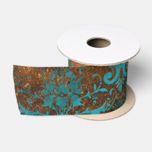 Grunge Brown Blue Floral Decorative Luxury Pattern Satin Ribbon