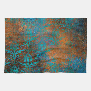 Grunge Brown Blue Floral Decorative Luxury Pattern Tea Towel