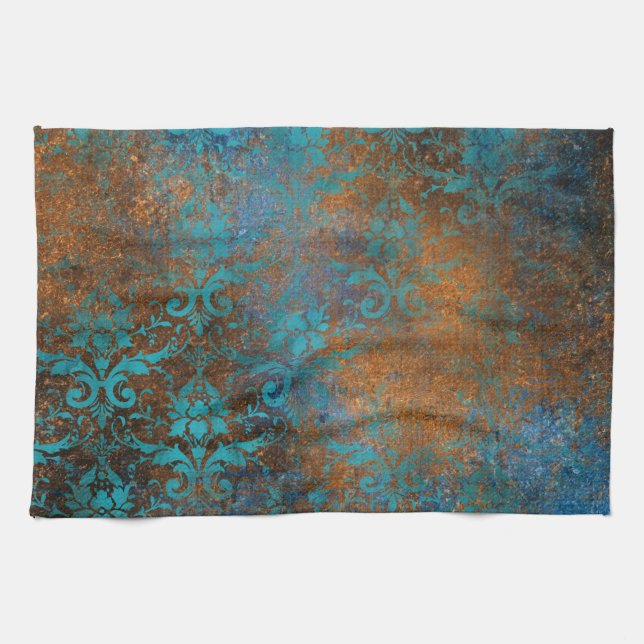 Grunge Brown Blue Floral Decorative Luxury Pattern Tea Towel (Horizontal)