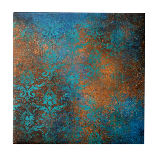 Grunge Brown Blue Floral Decorative Pattern Tile (Front)