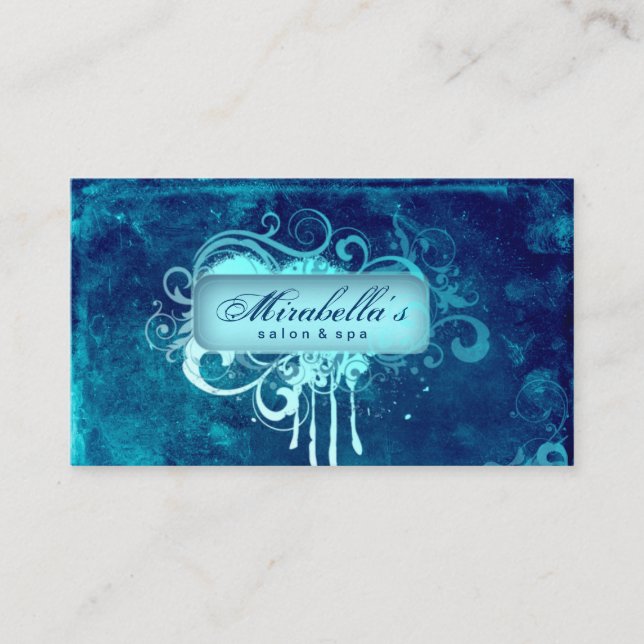Grunge Business Card Flower Salon Spa Blue Denim (Front)