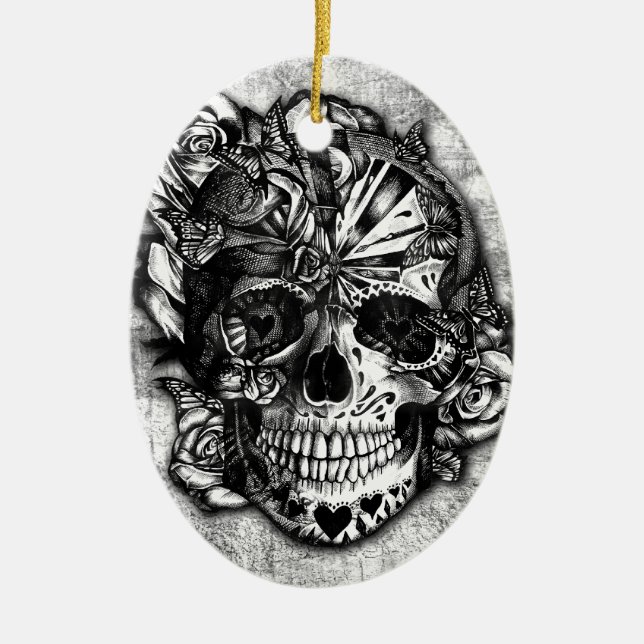 Grunge Candy sugar skull in black and white. Ceramic Tree Decoration (Front)