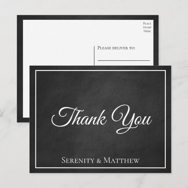 Grunge Chalkboard Elegant Black Wedding Thank You Postcard (Front/Back)