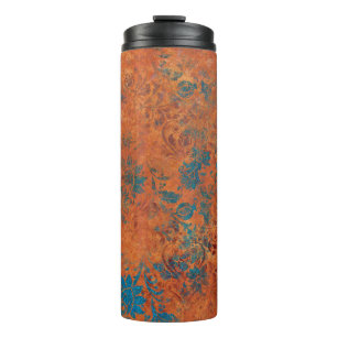 Grunge Copper Patina and Turquoise Damask Thermal Tumbler