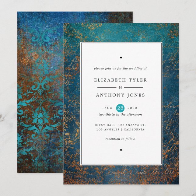 Grunge Copper Patina and Turquoise Wedding Invitation (Front/Back)