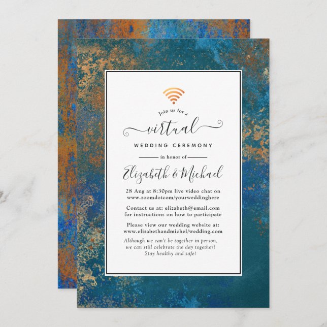 Grunge Copper Patina & Turquoise Virtual Wedding Invitation (Front/Back)