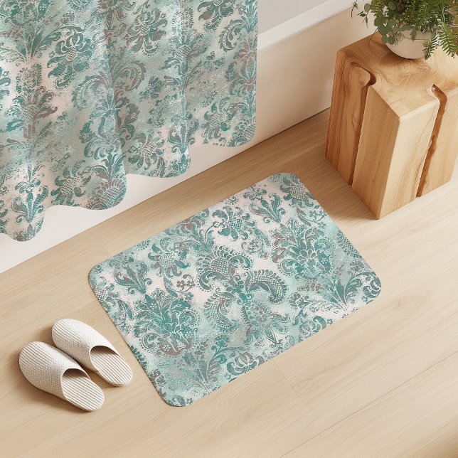 Grunge Damask Aqua Mint Blue Blush Pink Bath Mat (Creator Uploaded)
