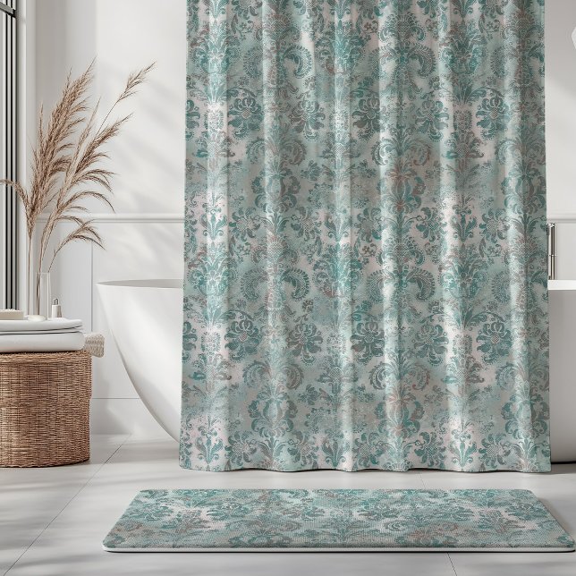 Grunge Damask Aqua Mint Blue Blush Pink Shower Curtain (Creator Uploaded)
