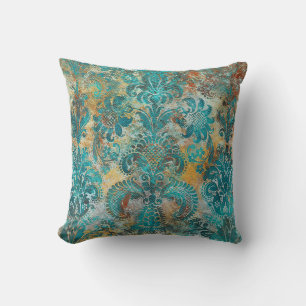Grunge Damask Aqua Viridian Mustard Terracotta Cushion