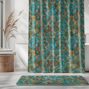 Grunge Damask Aqua Viridian Mustard Terracotta Shower Curtain