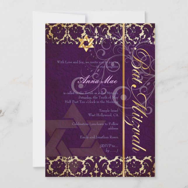Grunge Damask Bat Mitzvah/plum/gold Invitation (Front)