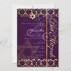 Grunge Damask Bat Mitzvah/plum/gold Invitation
