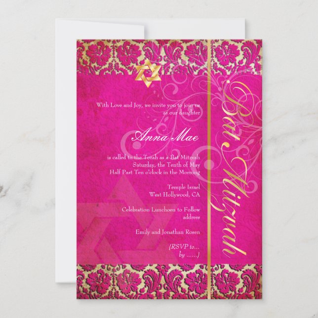 Grunge Damask Bat Mitzvah/strawberry shortcake Invitation (Front)