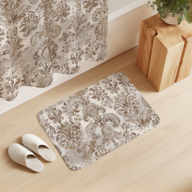 Grunge Damask Beige Rust Brown Ochre Cream Bath Mat (Creator Uploaded)