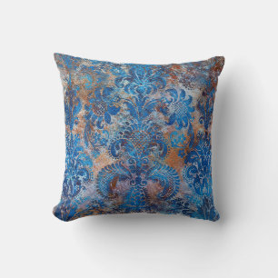 Grunge Damask Cobalt Blue Rust Orange Cushion