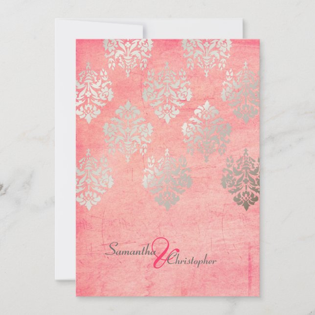 Grunge Damask/pink/faux silver wedding invitations (Front)