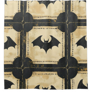 Grunge Denim Halloween Patchwork with Bats (2) Shower Curtain