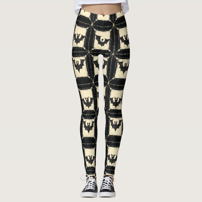 Grunge Denim Halloween Patchwork with Bats Leggings (Front)