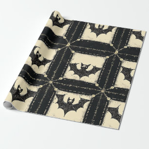 Grunge Denim Halloween Patchwork with Bats Wrapping Paper