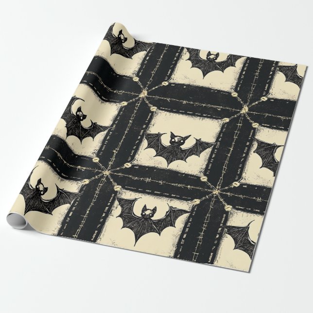 Grunge Denim Halloween Patchwork with Bats Wrapping Paper (Unrolled)