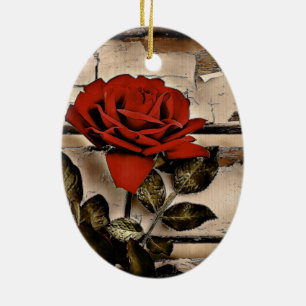 Grunge Distressed Barn Wood Rustic Red Rose Ceramic Tree Decoration