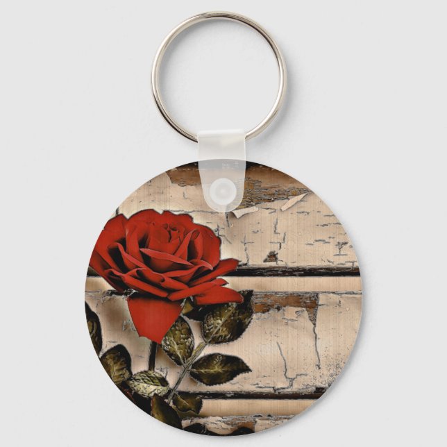 Grunge Distressed Barn Wood Rustic Red Rose Key Ring (Front)