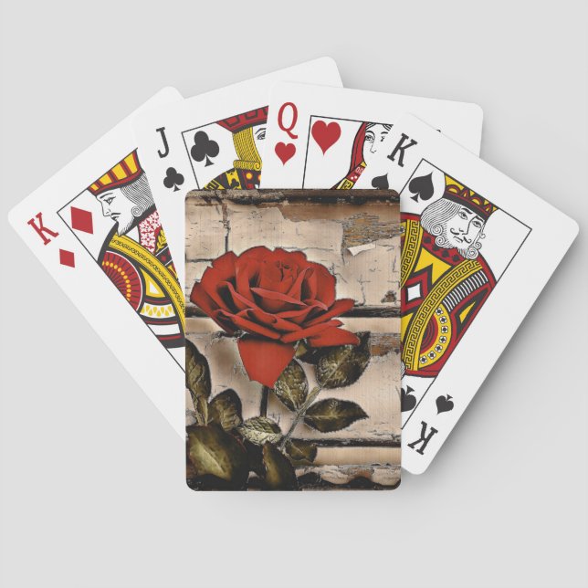 Grunge Distressed Barn Wood Rustic Red Rose Playing Cards (Back)