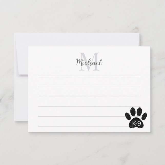 Grunge Distressed Dog Paw K-9 Lined Monogram Card (Front)
