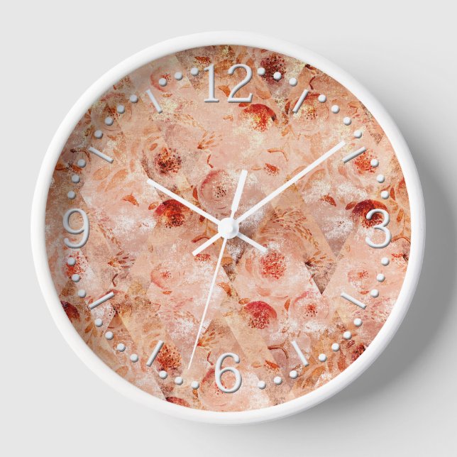 Grunge floral pattern. Coral background.  Clock (Front)