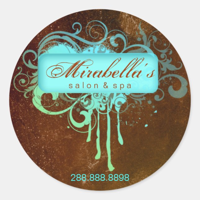 Grunge floral sticker salon spa blue brown (Front)