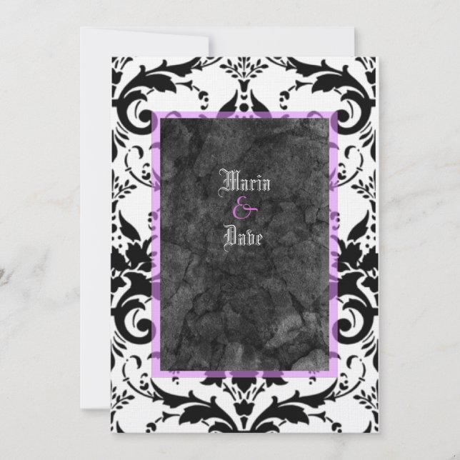 Grunge Goth Black White Damask Lavender Wedding Invitation (Front)