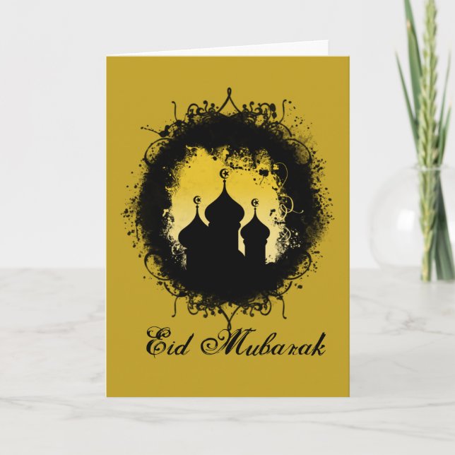 Grunge-Goth Gold and Black Ramadan Mosque Card (Front)