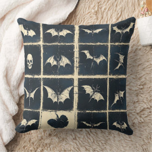 Grunge Gothic Bats & Skulls Denim Pattern Cushion