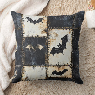 Grunge Gothic Bats & Skulls Denim Pattern Cushion