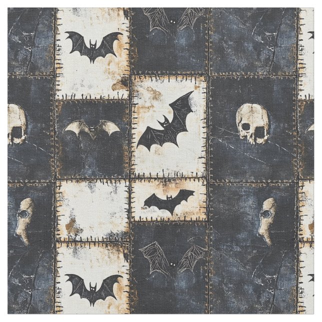 Grunge Gothic Bats & Skulls Denim Pattern Fabric (Close Up)