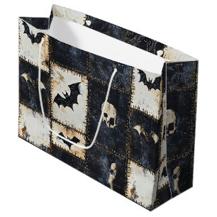 Grunge Gothic Bats & Skulls Denim Pattern Large Gift Bag