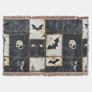 Grunge Gothic Bats & Skulls Denim Pattern Throw Blanket