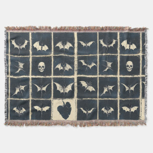 Grunge Gothic Bats & Skulls Denim Pattern Throw Blanket