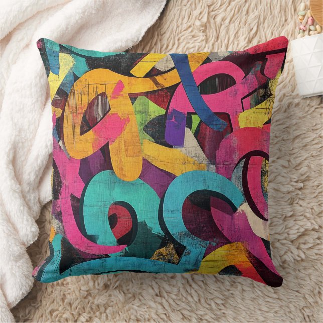 Grunge Graffiti Abstract in Pink Yellow Blue Cushion (Blanket)