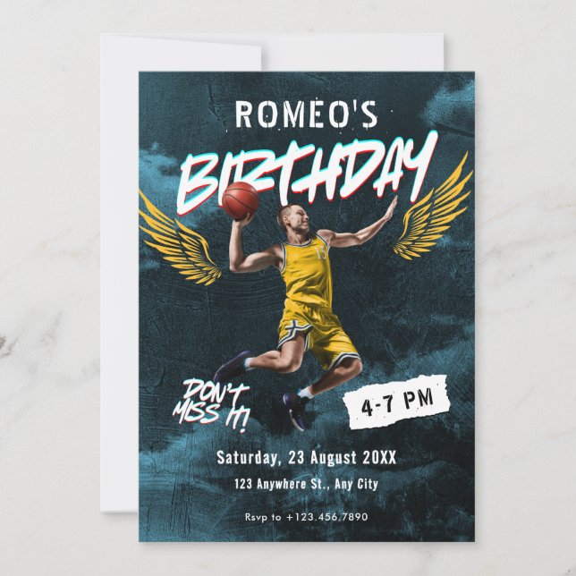 Grunge graffiti basketball photo birthday invitation (Front)