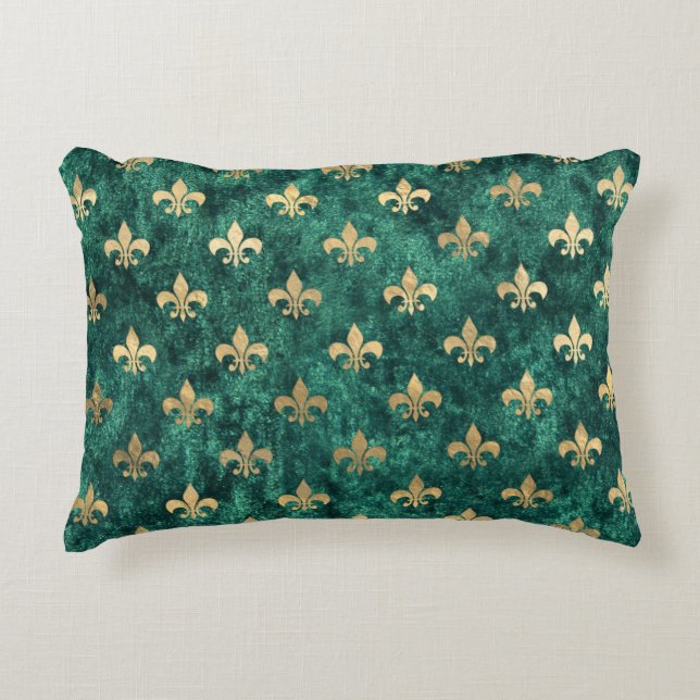 Grunge Green Velvet Fleur De Lis Mardi Gras Decorative Cushion (Front)