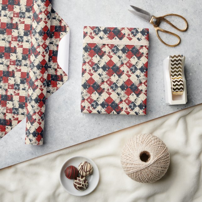 Grunge Harlequin Diamond Pattern Red and Navy Wrapping Paper (Crafts)