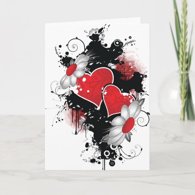 Grunge Hearts and Daisies Valentine Card (Front)