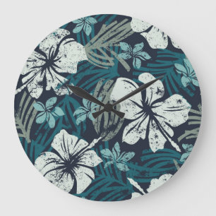 Grunge Hibiscus, Tropical Floral Wallpaper. Large Clock