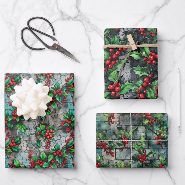 Grunge inspired red & green holly on urban walls wrapping paper sheet (Front)
