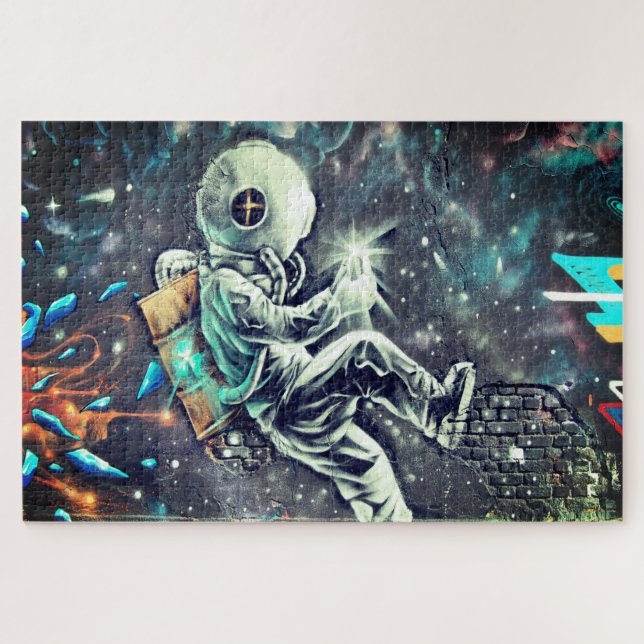 Grunge Modern Space Astronaut Street Art Jigsaw Puzzle (Horizontal)