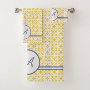 Grunge Monogram   Elegant Yellow & Blue Pattern Bath Towel Set