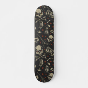 Grunge music skull crossbones pattern skateboard