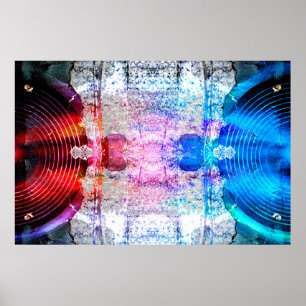 Grunge music speakers on a cracked wall poster